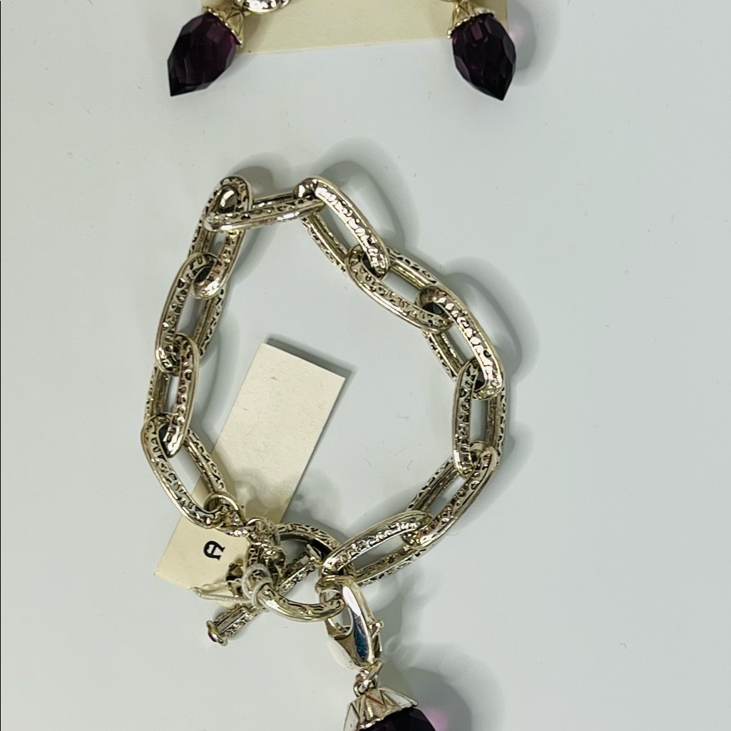 Etienne Aigner Purple Faceted Gemstones Silver Tone Bracelet Dangle Earrings 20$